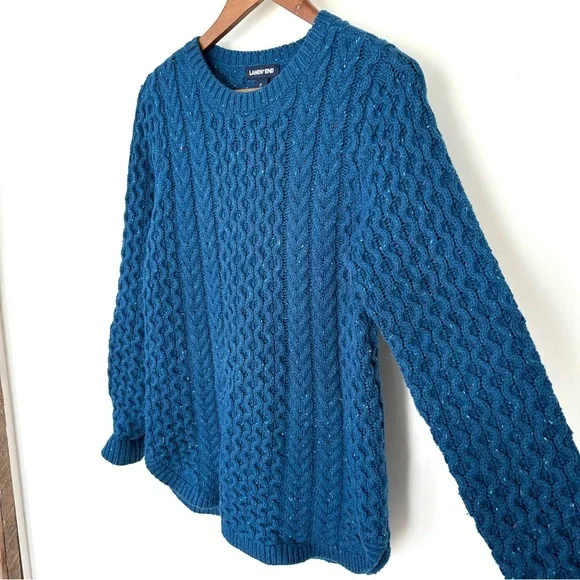 Lands' End Women's Blue Cable Knit Sweater, high-low hem, loose fit - Picture 2 of 9